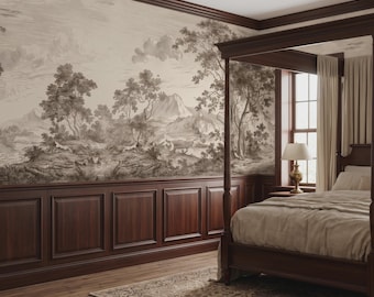 Sepia Landscape Mural Wallpaper, Vintage Engraving Style Scenic Wall Art, Panoramic Trees Mountains Decor
