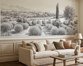 Black and White Landscape Mural Wallpaper, Monochrome Panoramic Nature Wall Decor