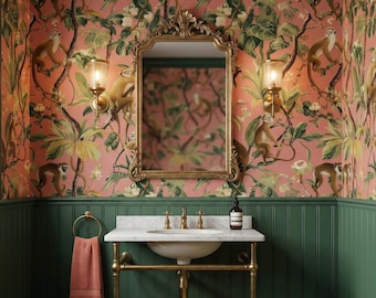 Vintage Tropical Monkey Wallpaper, Pink Jungle Animals Botanical Nature Wall Mural