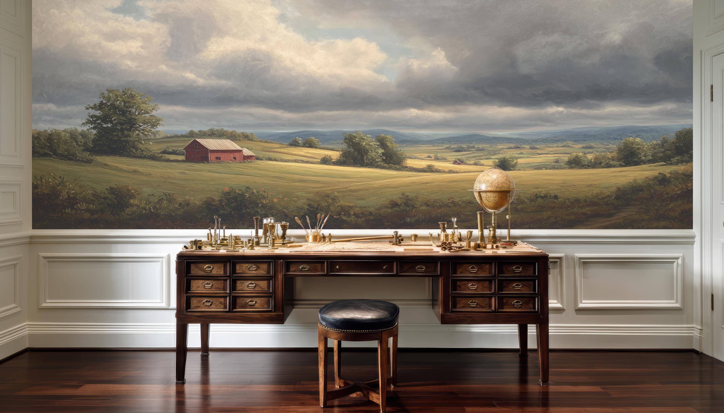 Pastoral Countryside Landscape Mural Wallpaper With Rustic Farmhouse ...