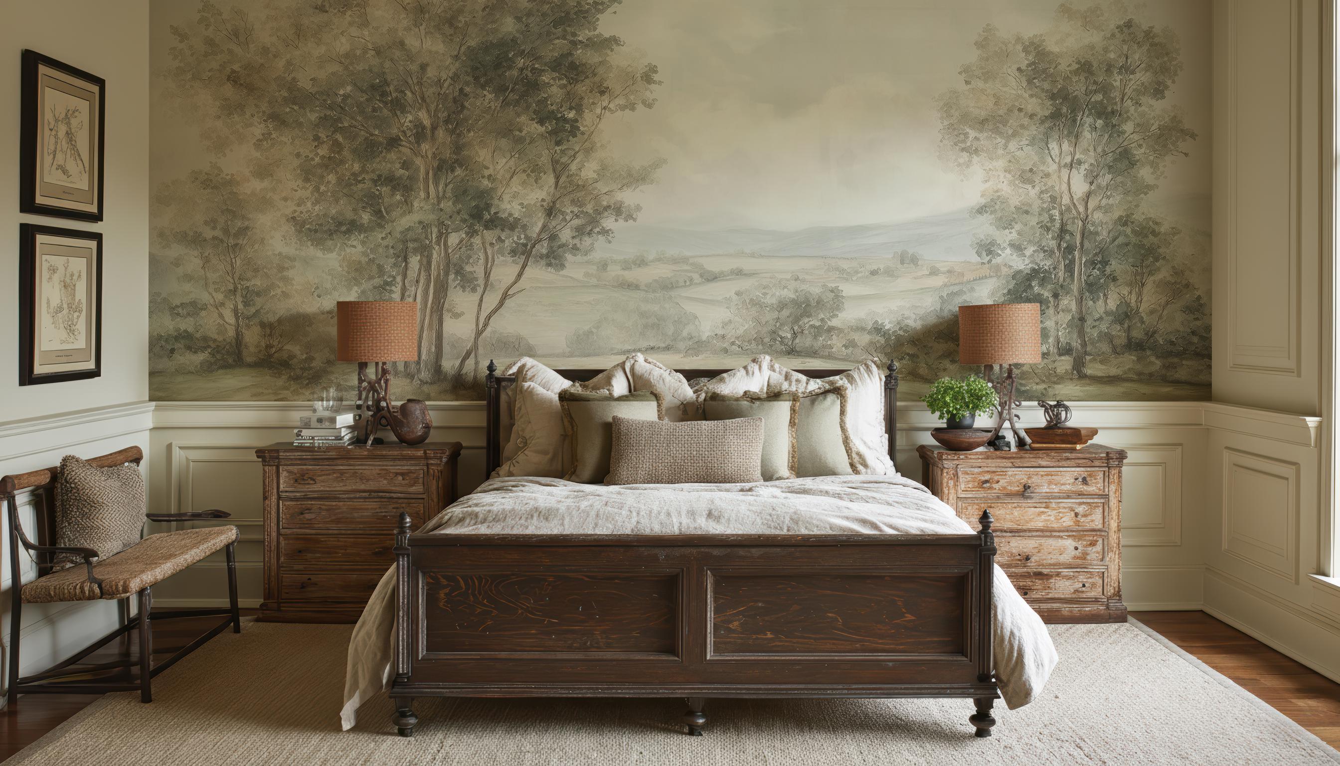 Pastoral Landscape Mural Wallpaper – Watercolor Forest Hills Scene ...