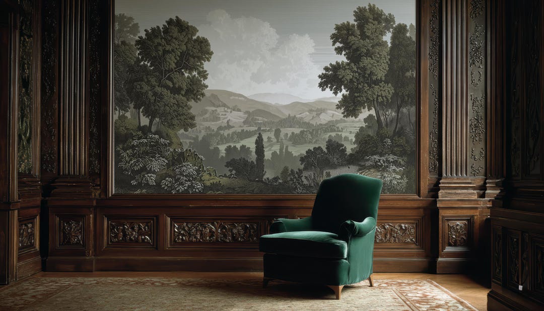 Vintage Engraved Landscape Mural Wallpaper, Antique Countryside Wall ...