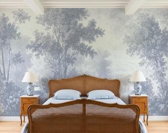 Soft Blue Toile Style Scenic Landscape Mural Wallpaper, Forest Wall Art for Living Rooms