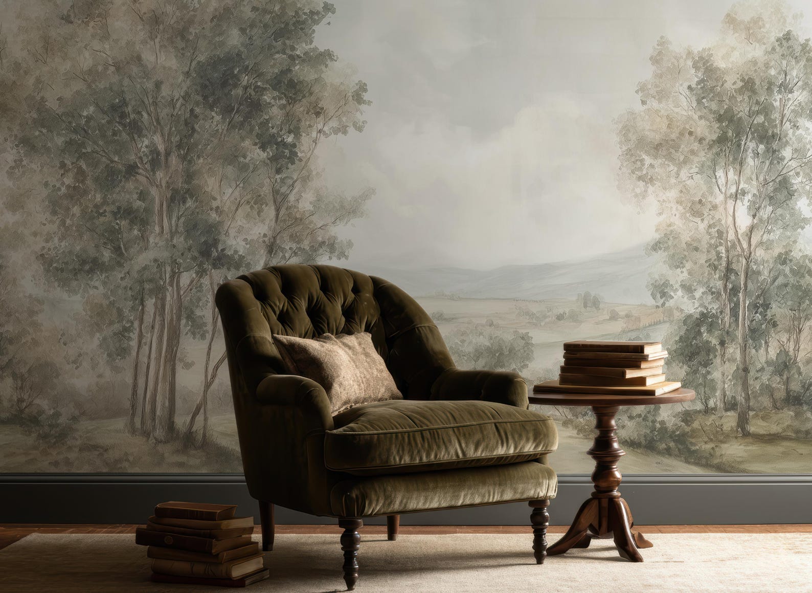 Pastoral Landscape Mural Wallpaper – Watercolor Forest Hills Scene ...