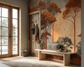 Terracotta Forest Wallpaper Mural, Vintage Landscape with Large Sun, Grey & Orange Boho Wall Art