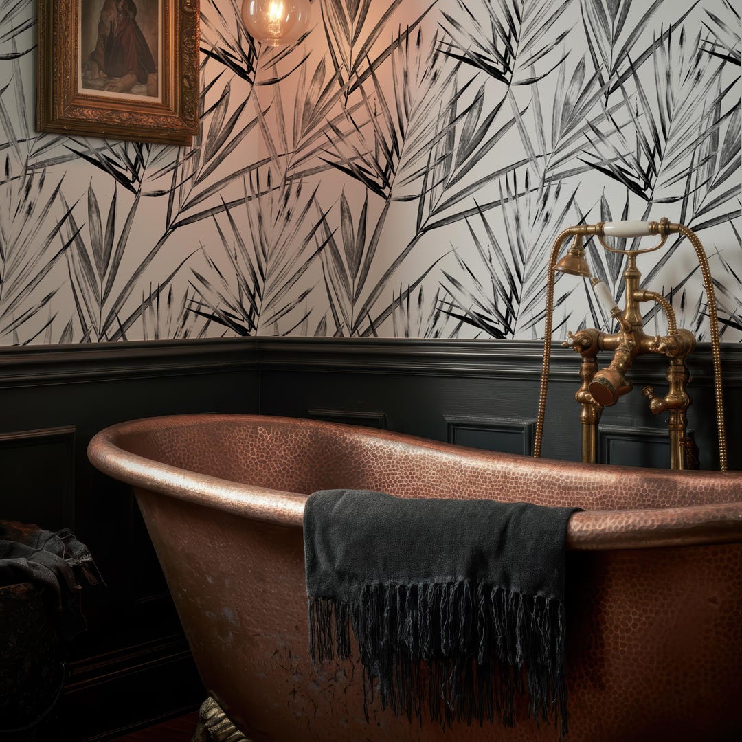 Black and White Palm Leaf Wallpaper – Modern Tropical Peel & Stick Wall ...