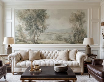 Pastoral Landscape Mural Wallpaper – Watercolor Forest Hills Scene, Vintage Nature Wall Art