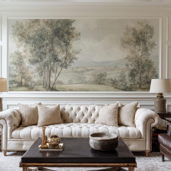 Pastoral Landscape Mural Wallpaper – Watercolor Forest Hills Scene, Vintage Nature Wall Art