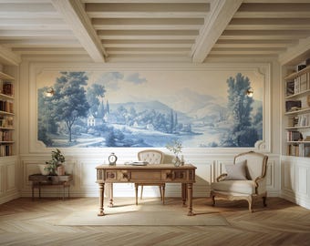 Blue Toile Wallpaper Mural, French Country Lake Landscape Wall Art, Pastoral Village Peel & Stick Wall Mural