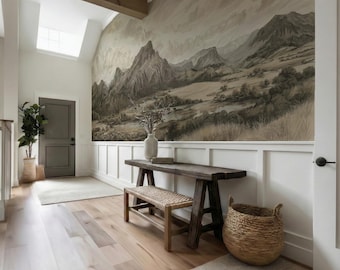 Vintage Mountain Landscape Mural Wallpaper, Scenic Nature Wall Art, Neutral Toned Panorama Design Mural