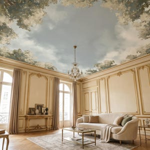 May include: Elegant living room with a painted ceiling depicting a sky and trees. The room features a cream-colored sofa, gold accents, a chandelier, and large windows with drapes. A coffee table and side tables complete the decor.
