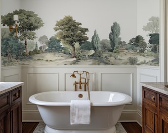 Panoramic Forest Mural Wallpaper, Botanical Woodland Landscape