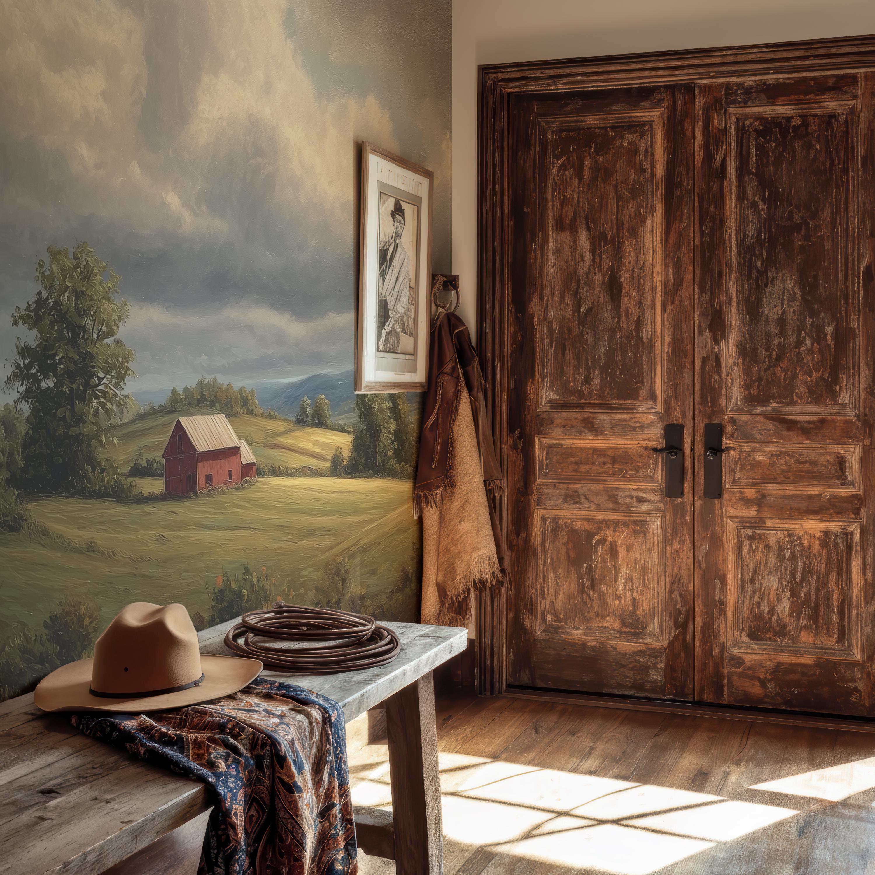 Pastoral Countryside Landscape Mural Wallpaper With Rustic Farmhouse ...