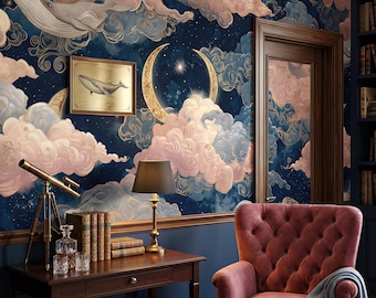 Celestial Moon Cloud Wallpaper, Dark Blue Sky Gold Detail Wall Mural