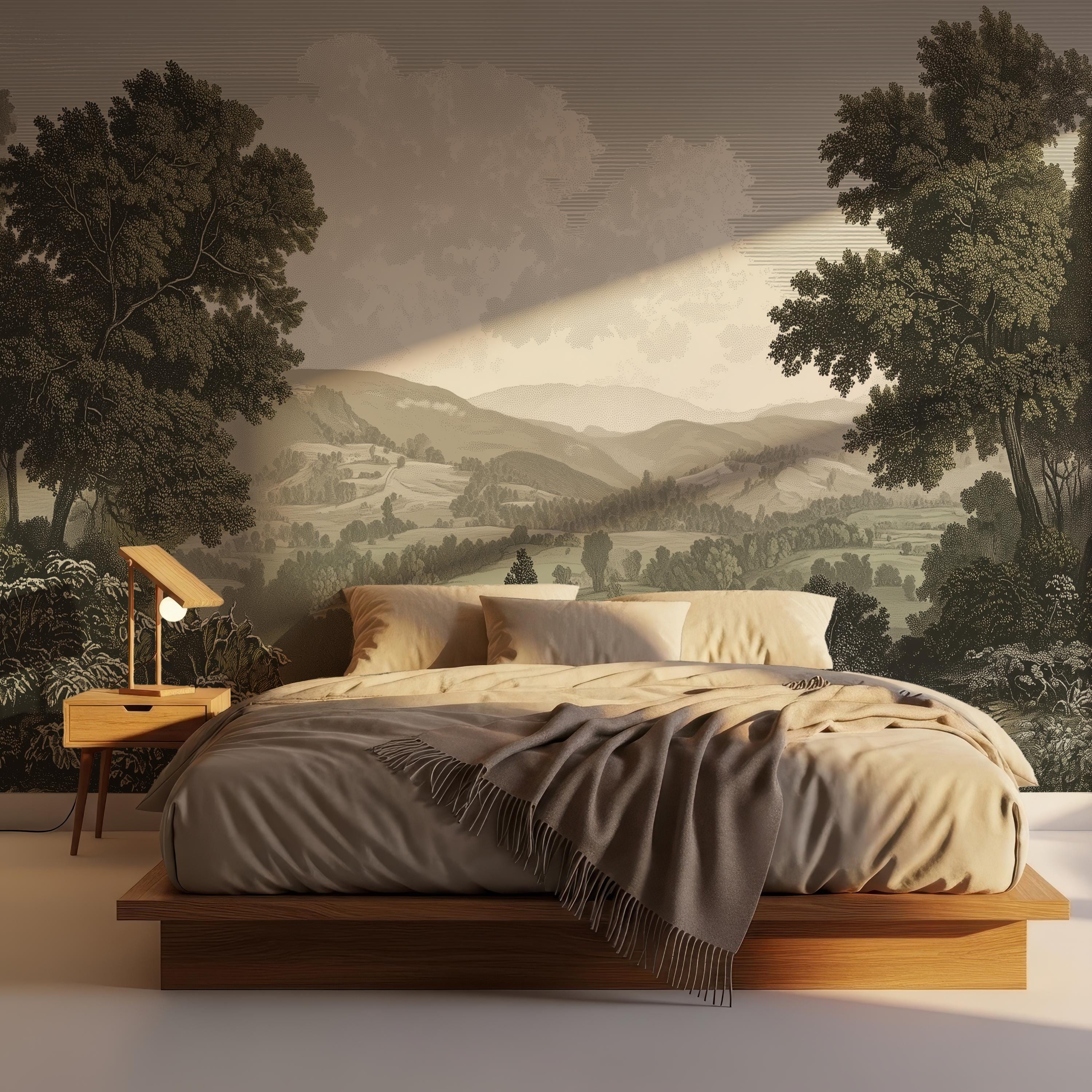 Vintage Engraved Landscape Mural Wallpaper, Antique Countryside Wall ...