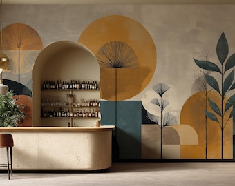 Modern Abstract Botanical Mural Wallpaper with Geometric Shapes in Warm Earth Tones