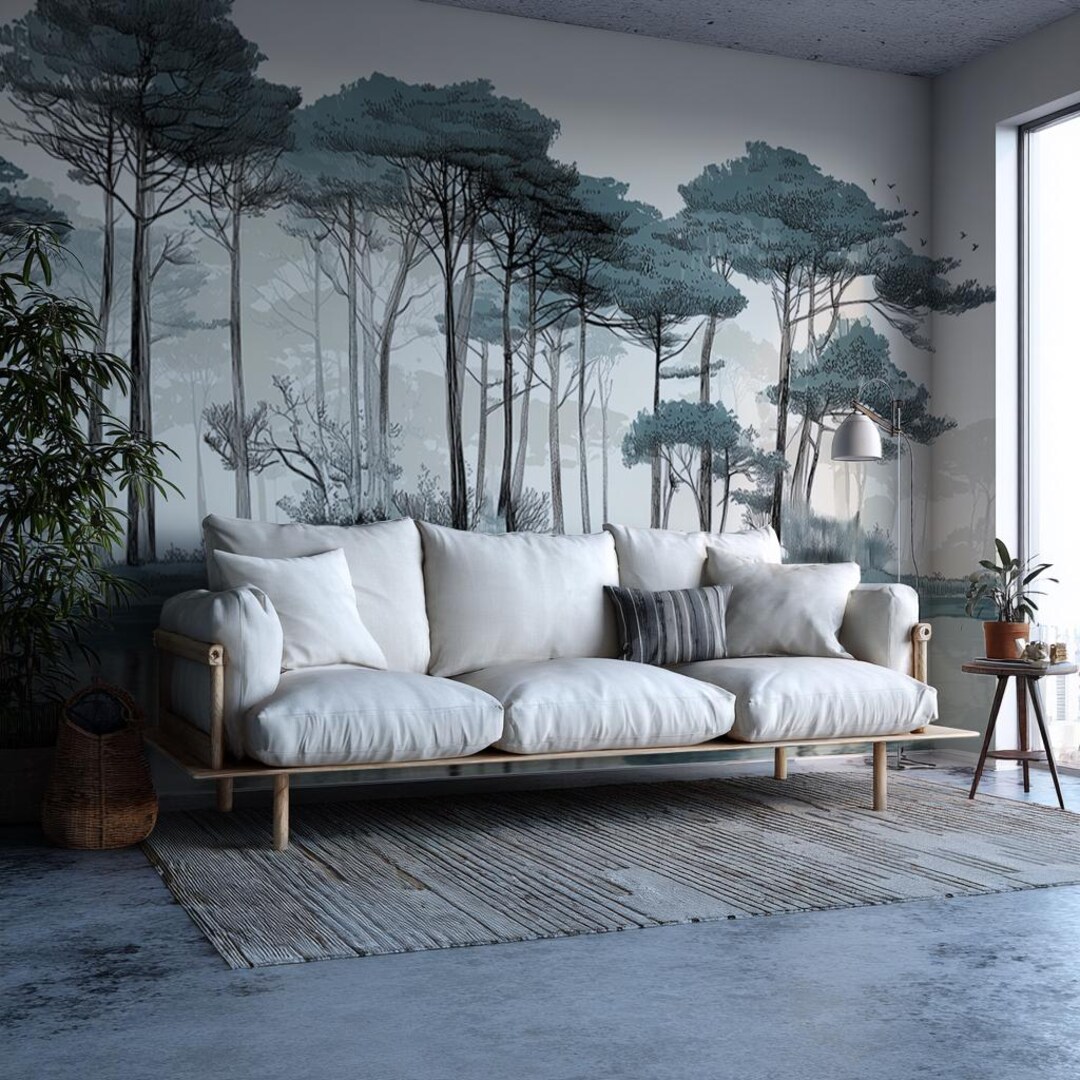 Misty Pine Forest Wall Mural Wallpaper Nature Landscape Peel and Stick ...
