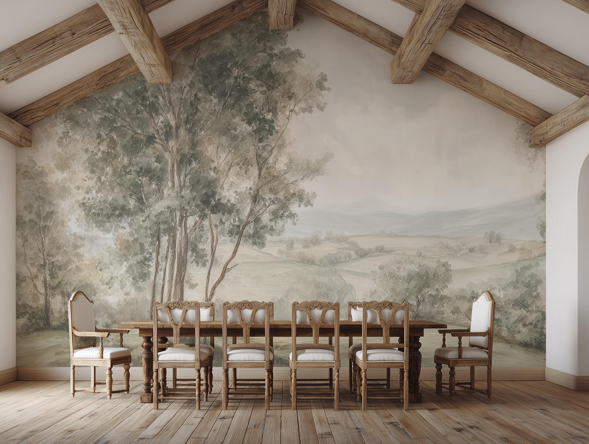 Pastoral Landscape Mural Wallpaper – Watercolor Forest Hills Scene ...