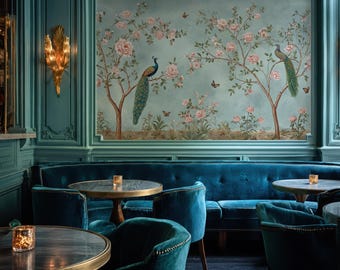 Elegant Chinoiserie Mural Wallpaper with Peacocks, Vintage Floral Wall Art, Luxury Botanical Wall Mural
