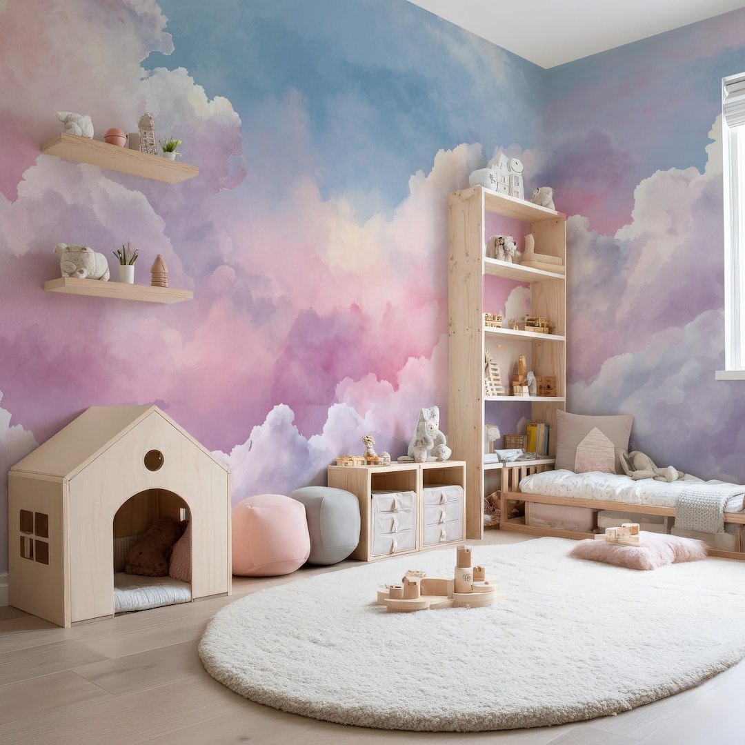 Watercolor Sky Mural Wallpaper for Kids Room, Dreamy Clouds Sky Peel ...