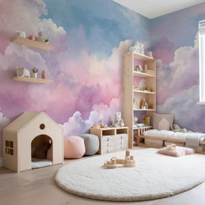 虹の壁紙：ピンクの雲と空の壁画、女の子の赤ちゃんの部屋の装飾