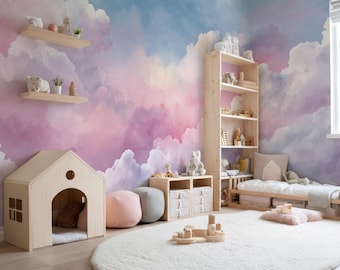 Watercolor Sky Mural Wallpaper for Kids Room, Dreamy Clouds Sky Peel and Stick, Removable Nursery Wall Decor