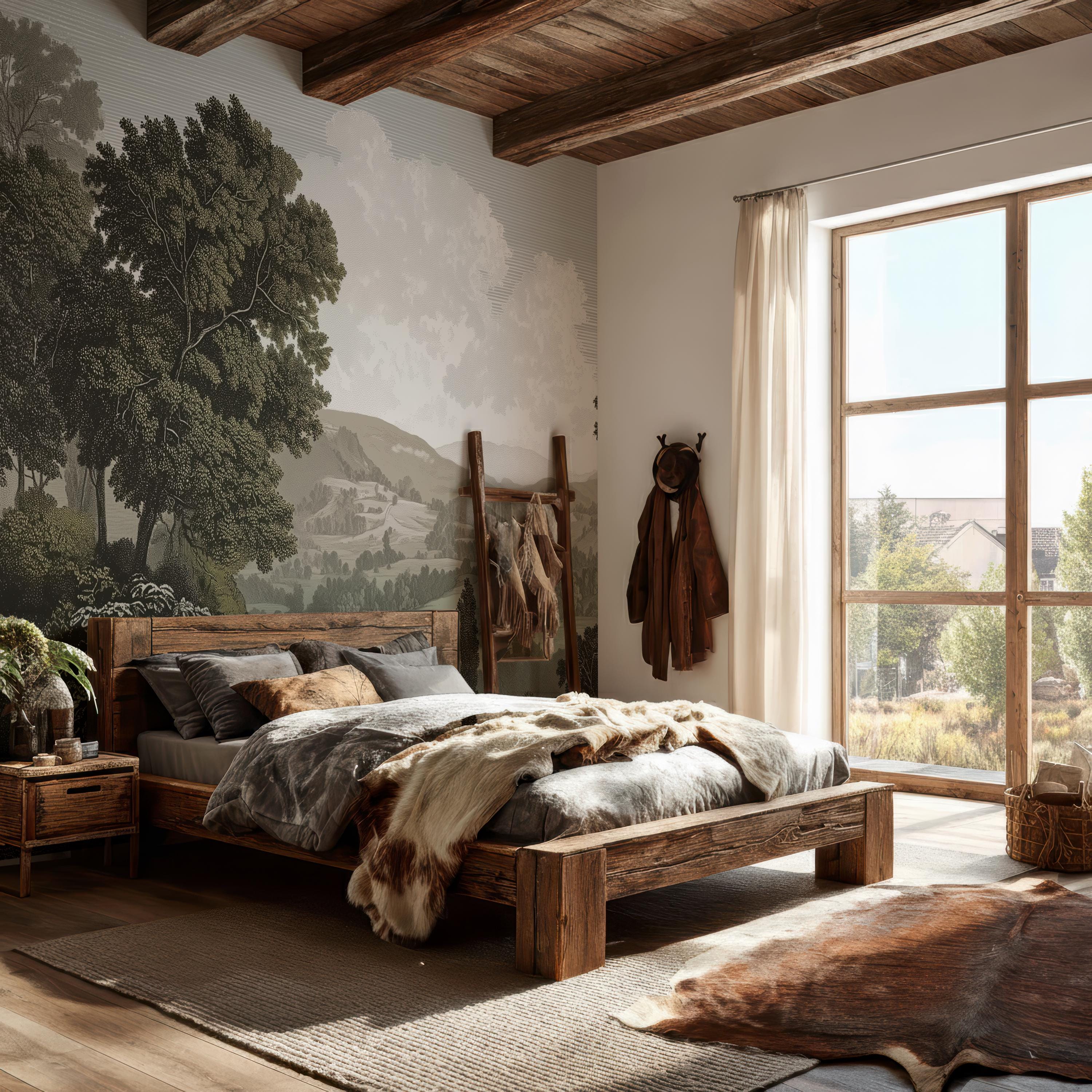 Vintage Engraved Landscape Mural Wallpaper, Antique Countryside Wall ...