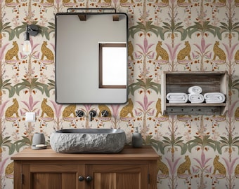 Boho Safari Leopard Wallpaper, Whimsical Pastel Pink Tropical Jungle Pattern, Cheetah and Palm Tree Wall Decor