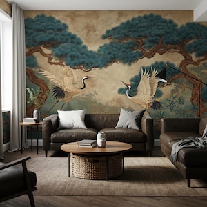 Japanese Crane Birds Wall Mural, Zen Landscape Wallpaper with Pine Trees