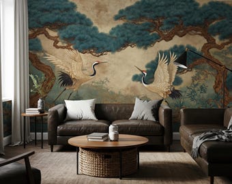 Japanese Crane Birds Wall Mural, Zen Landscape Wallpaper with Pine Trees