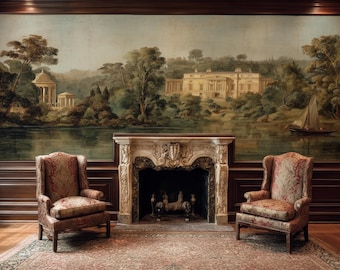 Romantic Classical Landscape Mural Wallpaper with Grand Estate, Lakeside Sailing Boat, Swans and Lush Forest Scenery