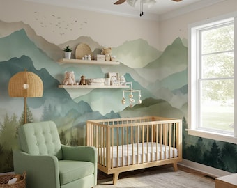 Watercolor Mountain Forest Mural Wallpaper for Kids Room Nursery Wall Decor