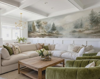 Watercolor Forest Mural Wallpaper – Misty Neutral Woodland Lake Scene for Nursery, Living Room or Bedroom