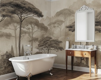 Sepia Forest Mural Wallpaper, Vintage Woodland Landscape Wall Art, Misty Pine Tree Panoramic Wallpaper for Living Room
