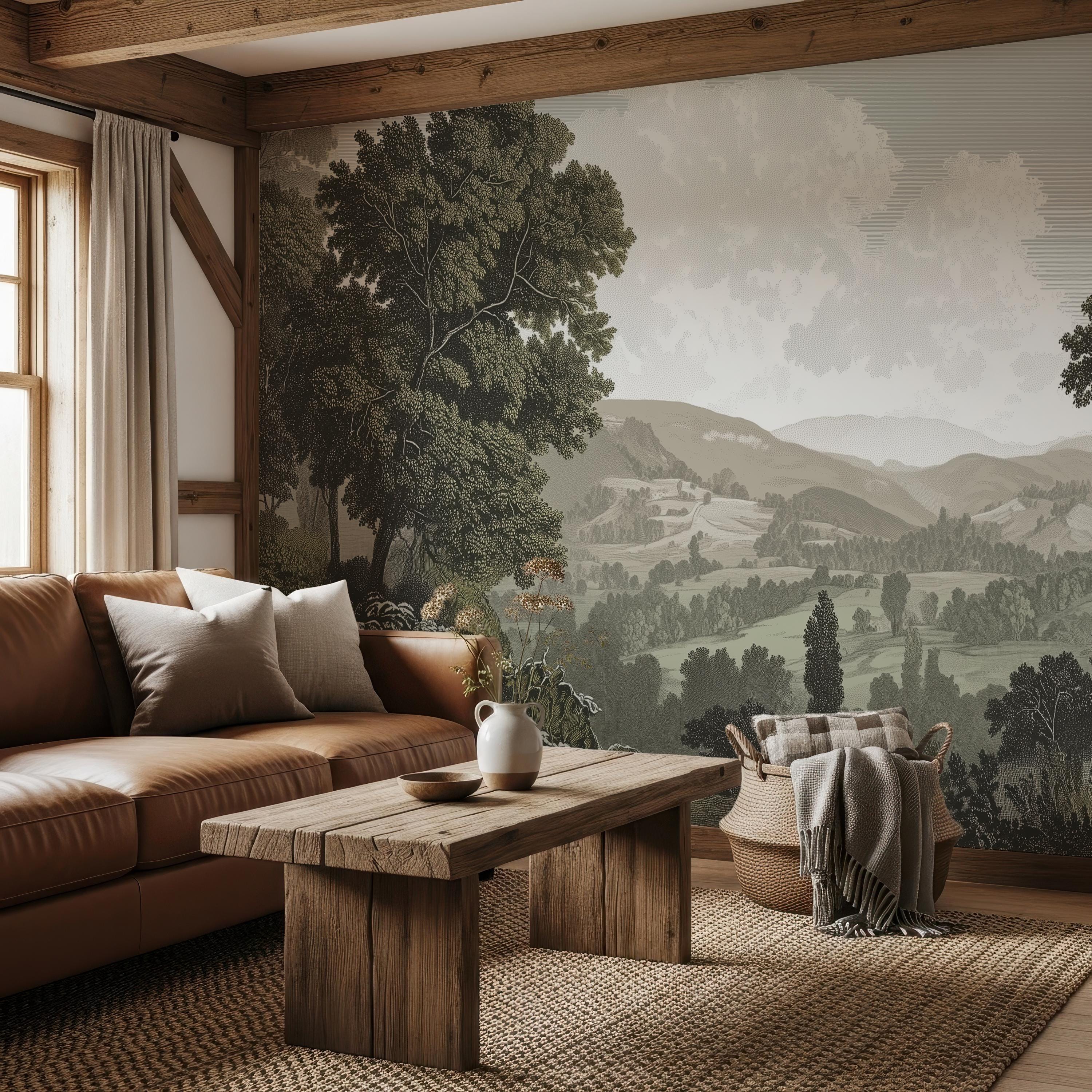 Vintage Engraved Landscape Mural Wallpaper, Antique Countryside Wall ...