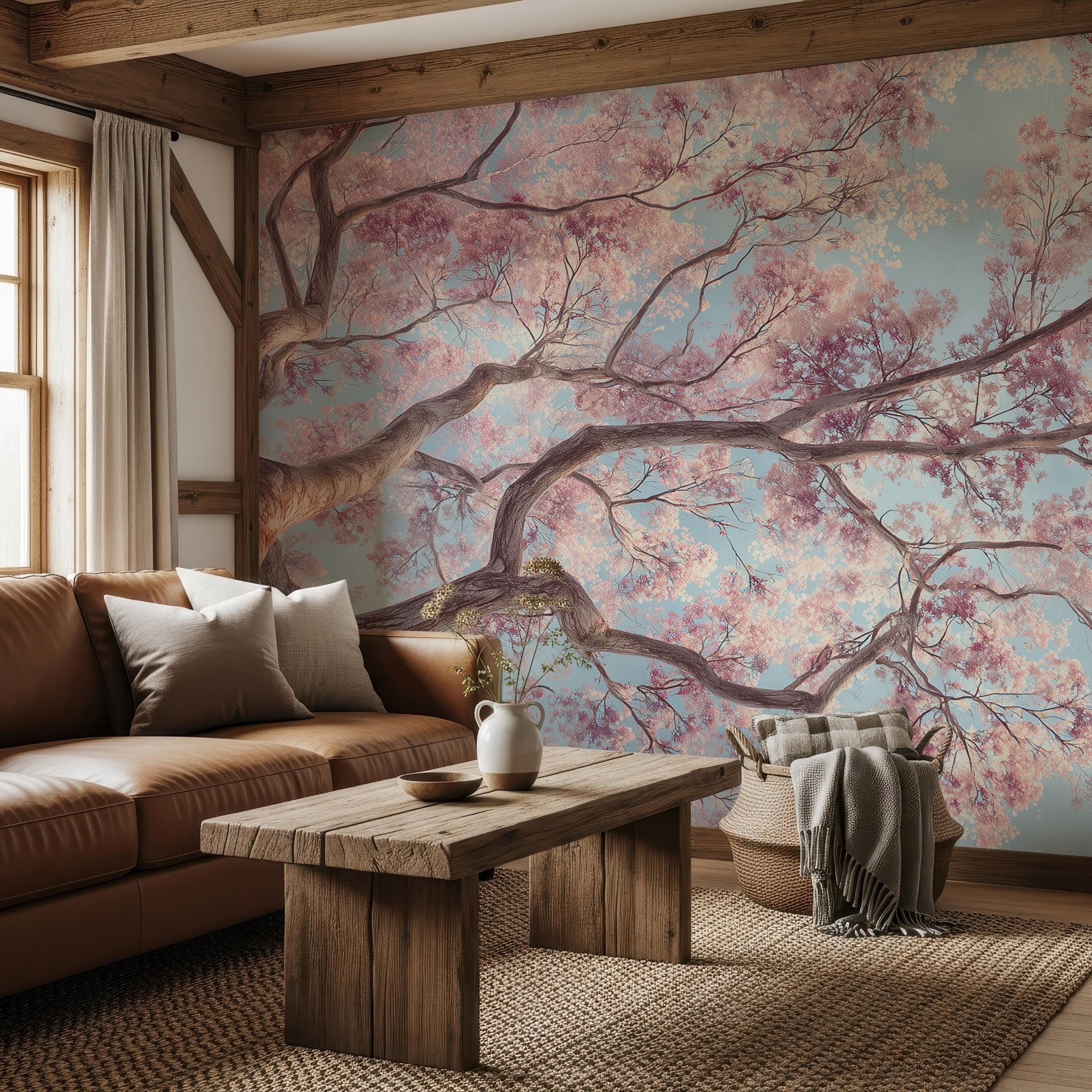 Japanese Cherry Blossom Tree Mural Wallpaper, Soft Pink Floral Wall Art ...
