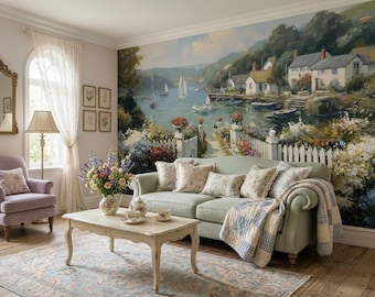 Coastal Cottage Wall Mural Wallpaper, Scenic Lake Village Landscape Art