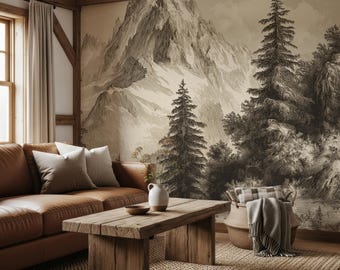 Vintage Sepia Mountain Wallpaper Mural, Pine Forest Landscape Peel and Stick Wall Art