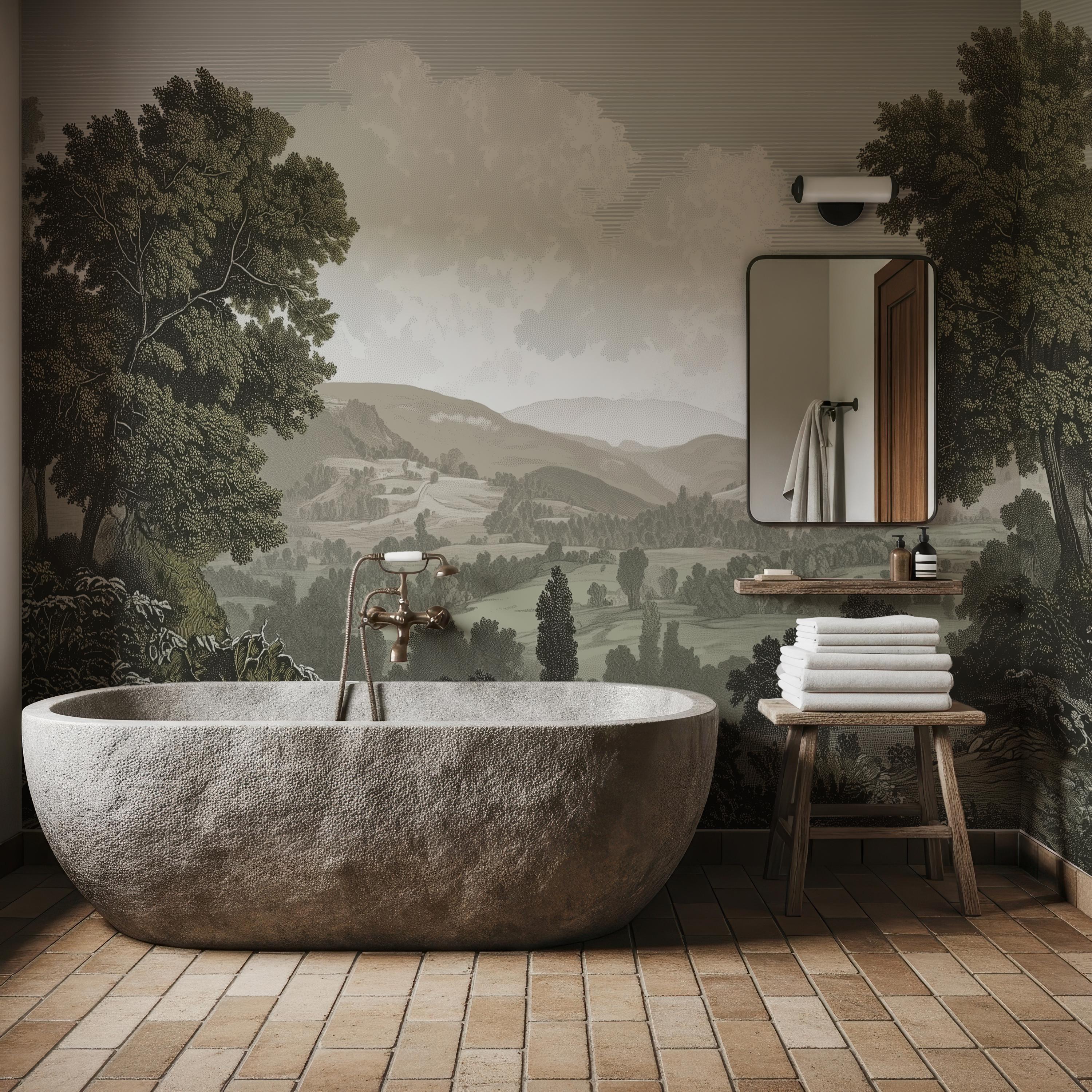 Vintage Engraved Landscape Mural Wallpaper, Antique Countryside Wall ...