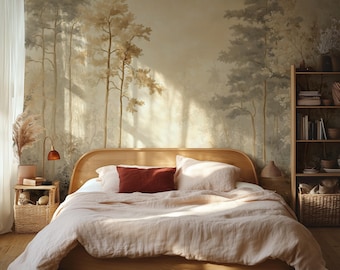 Forest Wall Mural Wallpaper, Neutral Woodland Landscape Design, Luxury Scenic Nature Wall Art