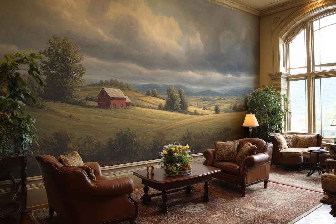 Pastoral Countryside Landscape Mural Wallpaper With Rustic Farmhouse ...