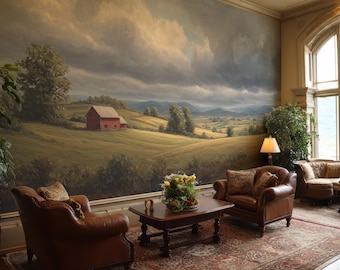 Pastoral Countryside Landscape Mural Wallpaper with Rustic Farmhouse Barn Scene