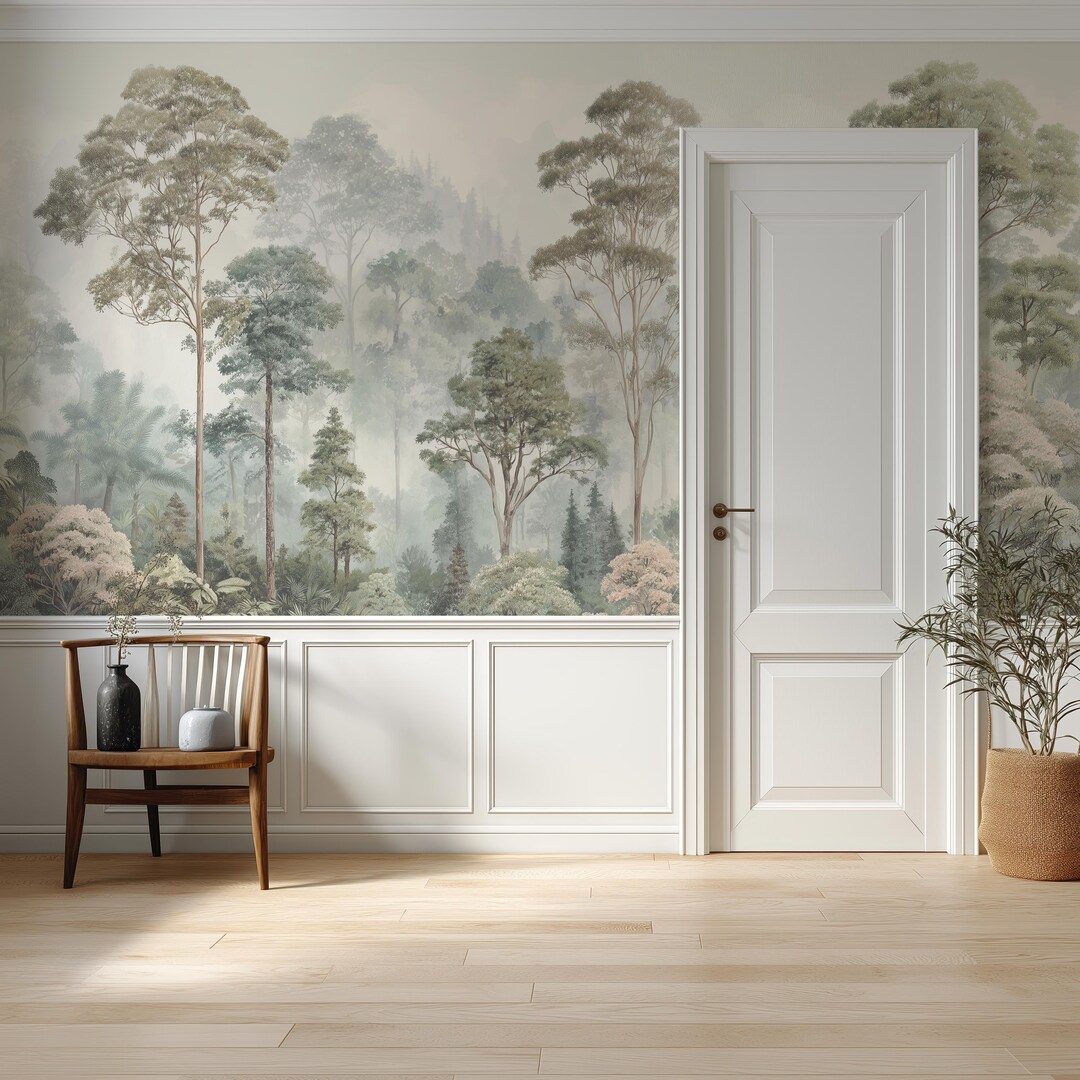 Forest Wall Mural, Serene Misty Pastel Trees Landscape Wallpaper Art ...