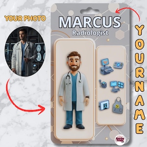 May include: A toy figure of a radiologist named Marcus, wearing a white coat and blue scrubs, with a stethoscope. The packaging includes a photo, medical equipment icons, and the text "Your Name".
