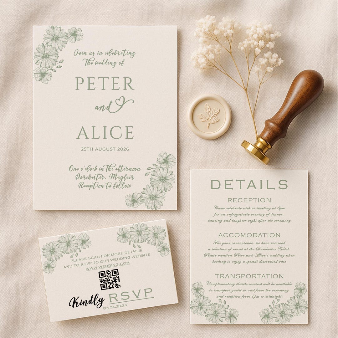 Minimalist Sage Green Wedding Invitation Suite: Editable Templates ...