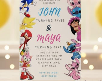 Stitch and Sonic Birthday Invitation, Joint Sibling Party Invite, Editable Canva Template, Digital Download, Printable Kids Party Card