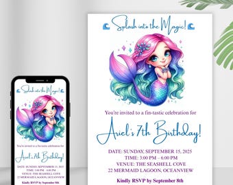 Mermaid Birthday Invitation, Digital Download, Editable Party Invite, Ocean Theme, Pink Blue Mermaid Card, Under the Sea Birthday