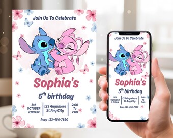 Minimalist Stitch Birthday Invitation, Lilo and Stitch Party Invite, Stitch and Angel Kids Birthday, Hawaiian Digital Birthday Card