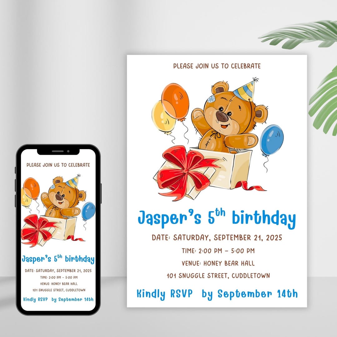 Editable Teddy Bear Birthday Invitation | Cute Printable Party Card ...