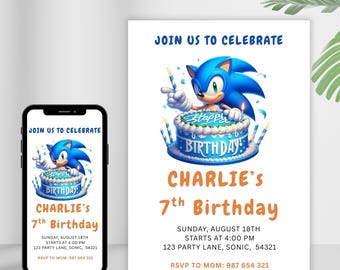 Sonic Geburtstagseinladung, bearbeitbare Kinderparty einladen, druckbare digitale Einladungsvorlage, Sonic Party Card
